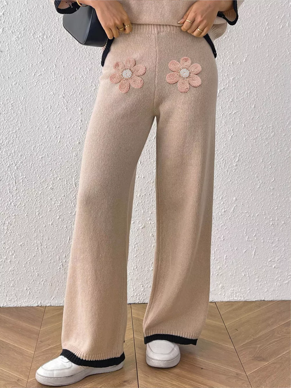 Floral Applique High-Waisted Wide-Leg Sweater Pants, image 2