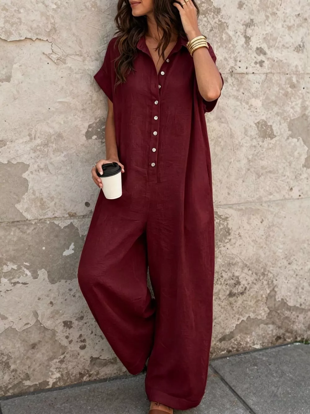 Button Front Short Sleeve Jumpsuit, image 8