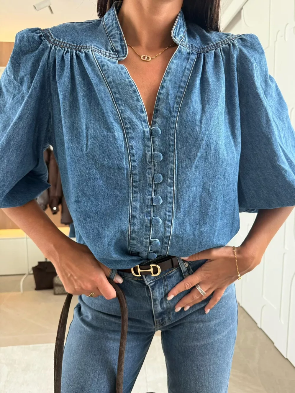 Puff Sleeve Button Front Denim Top, image 2