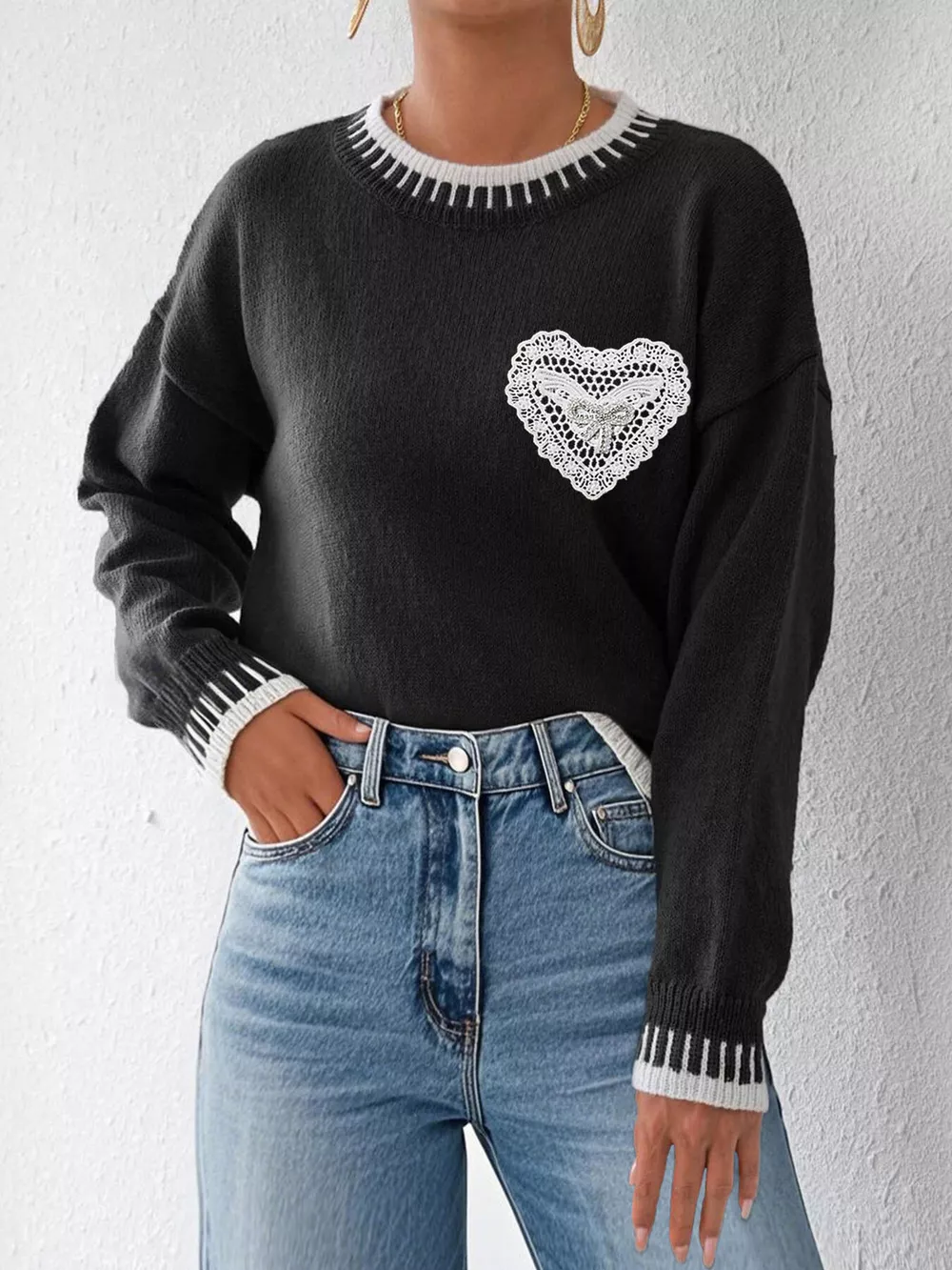 Lace Heart Contrast Trim Sweater, image 3