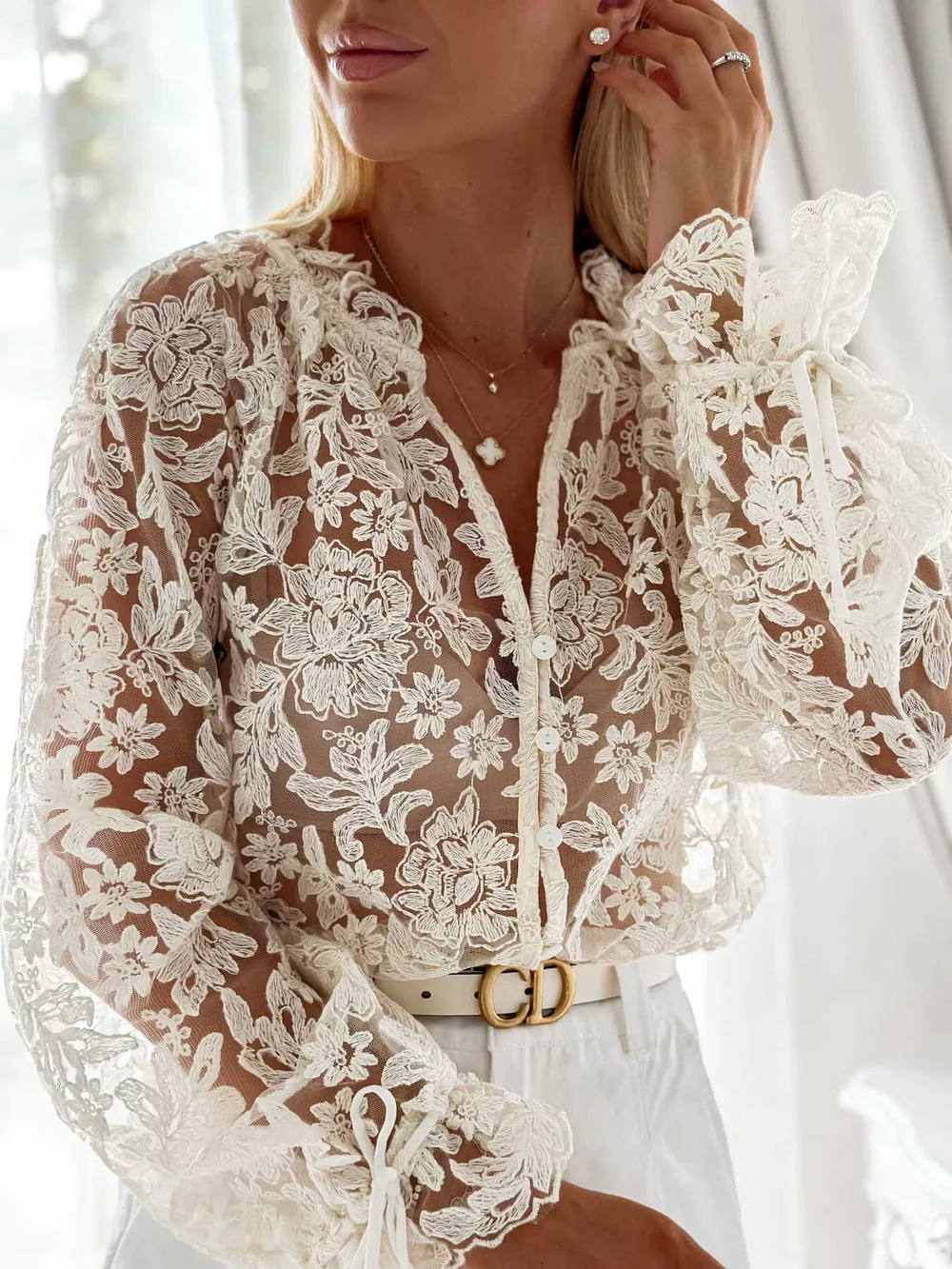 Sheer Lace Long Sleeve Shirt, image 3