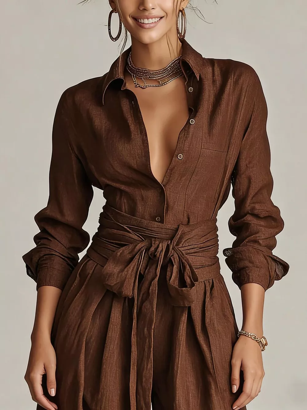 Long-Sleeve Button-Down Waist-Tie Jumpsuit, image 4
