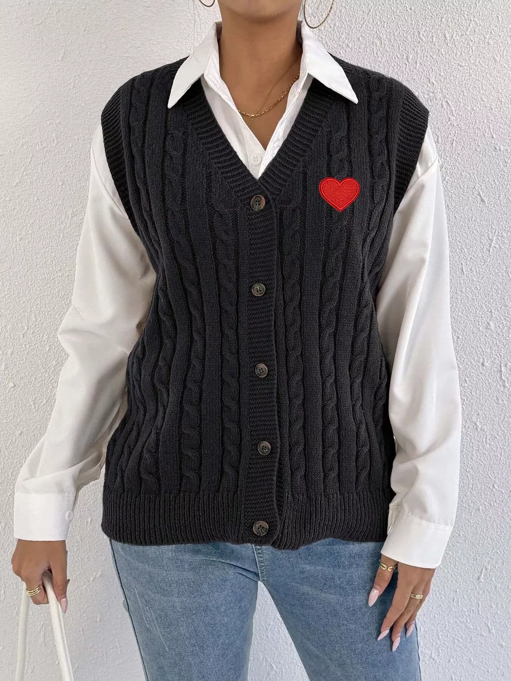 V-Neck Cable Knit Button-Down Sweater Vest with Heart Embroidery, image 3
