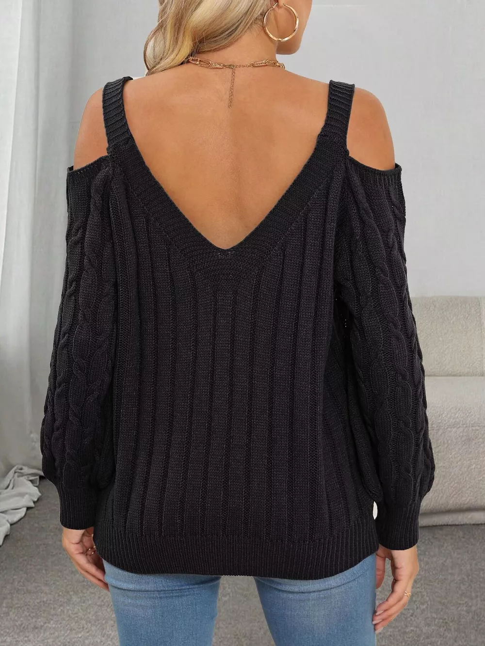 Floral Applique Cold Shoulder Cable Knit Sweater, image 4