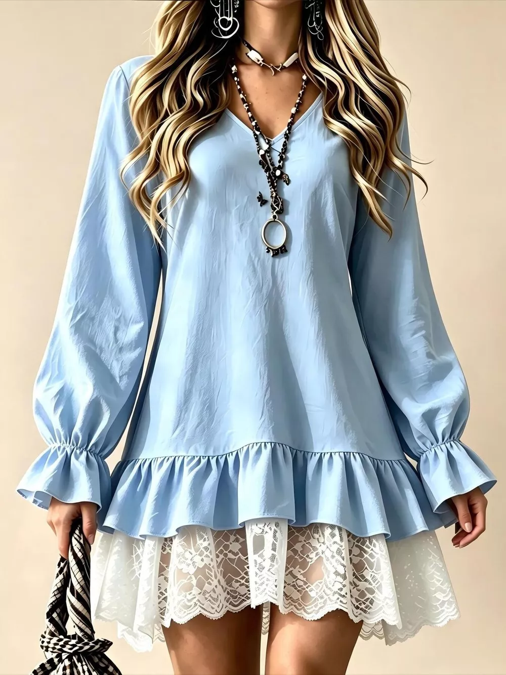 V-Neck Long Sleeve Ruffle Hem Lace Trim Mini Dress, image 11