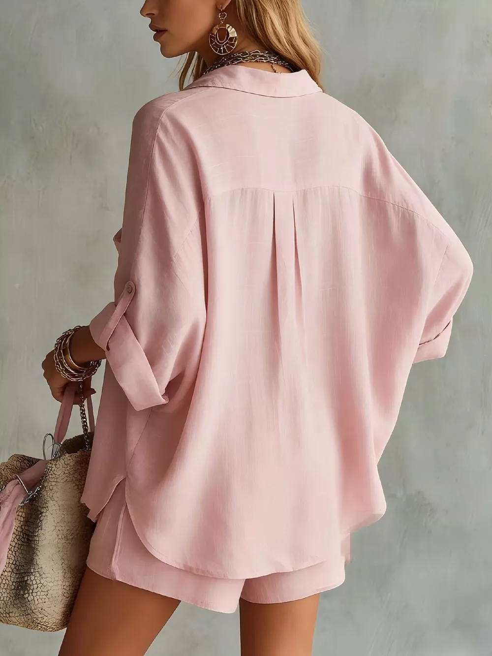Full Size Half Button Shirt and Shorts Two-Piece Set Plus Size, image 3