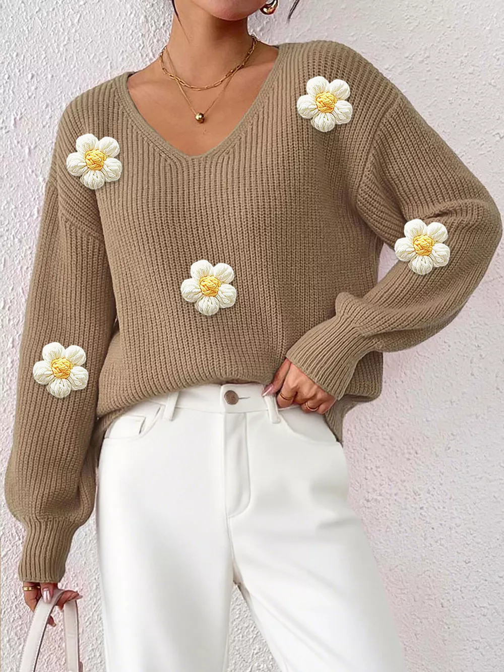 Floral Applique V-Neck Sweater, image 13