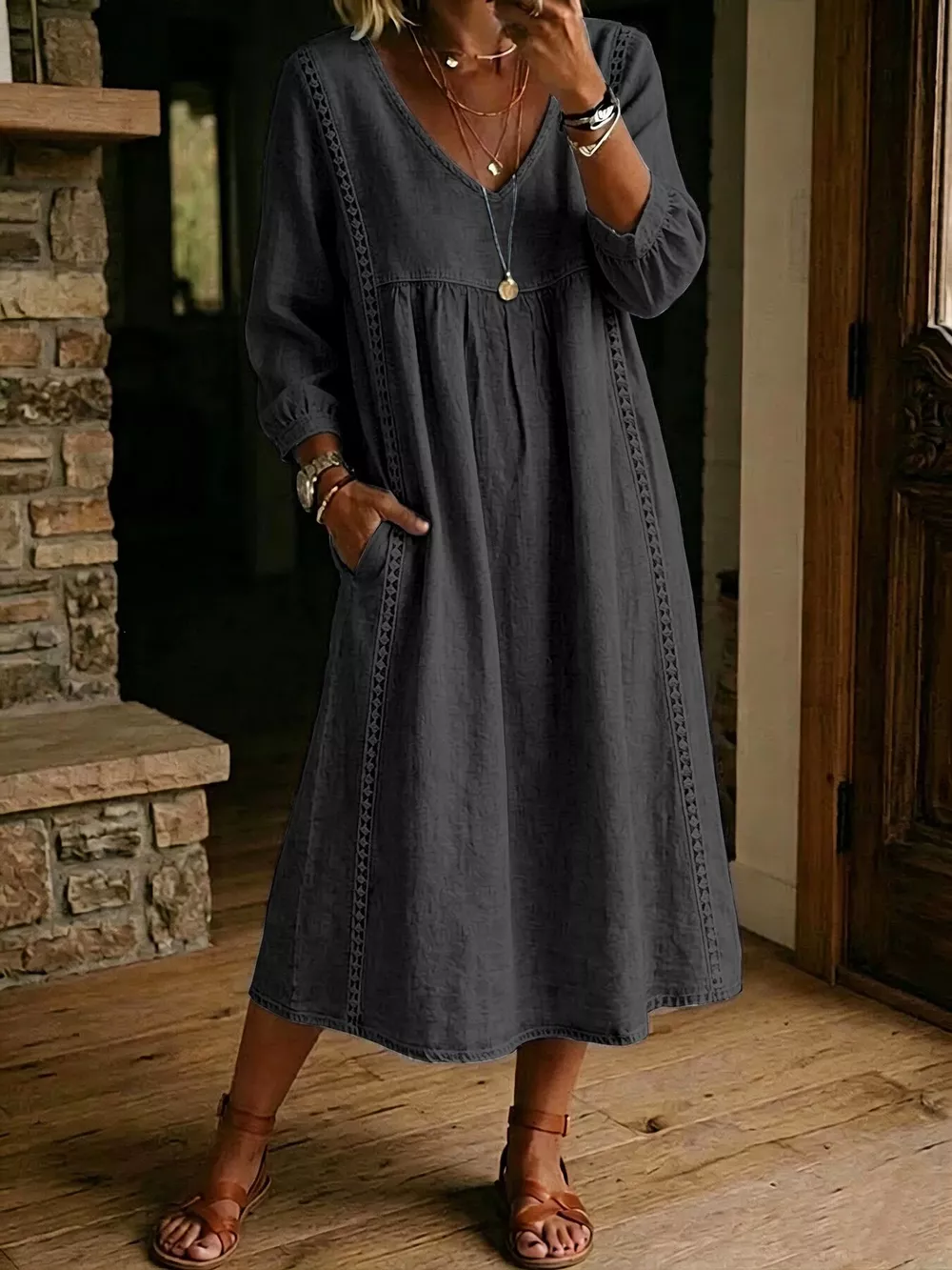 Full Size Lace Trim Long Sleeve Midi Dress Plus Size, image 8