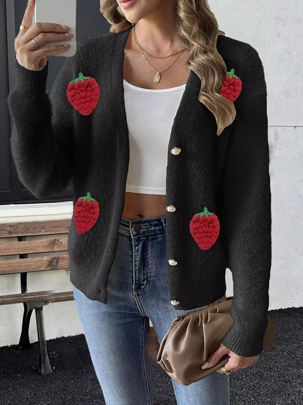 Strawberry Fuzzy Knit Cardigan, image 6