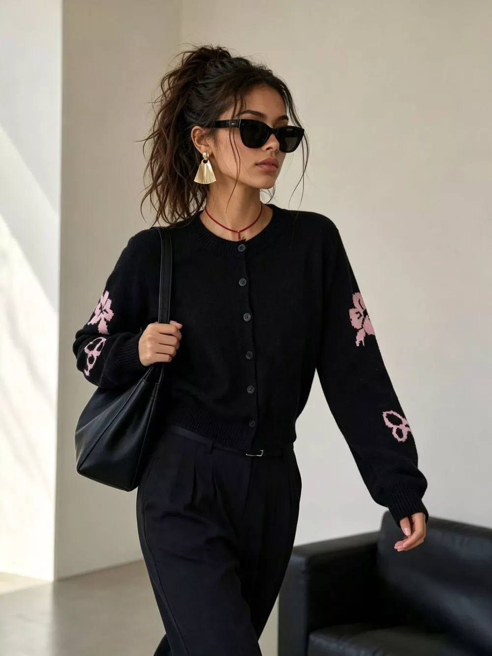 Floral Crew Neck Cropped Knit Cardigan, image 7