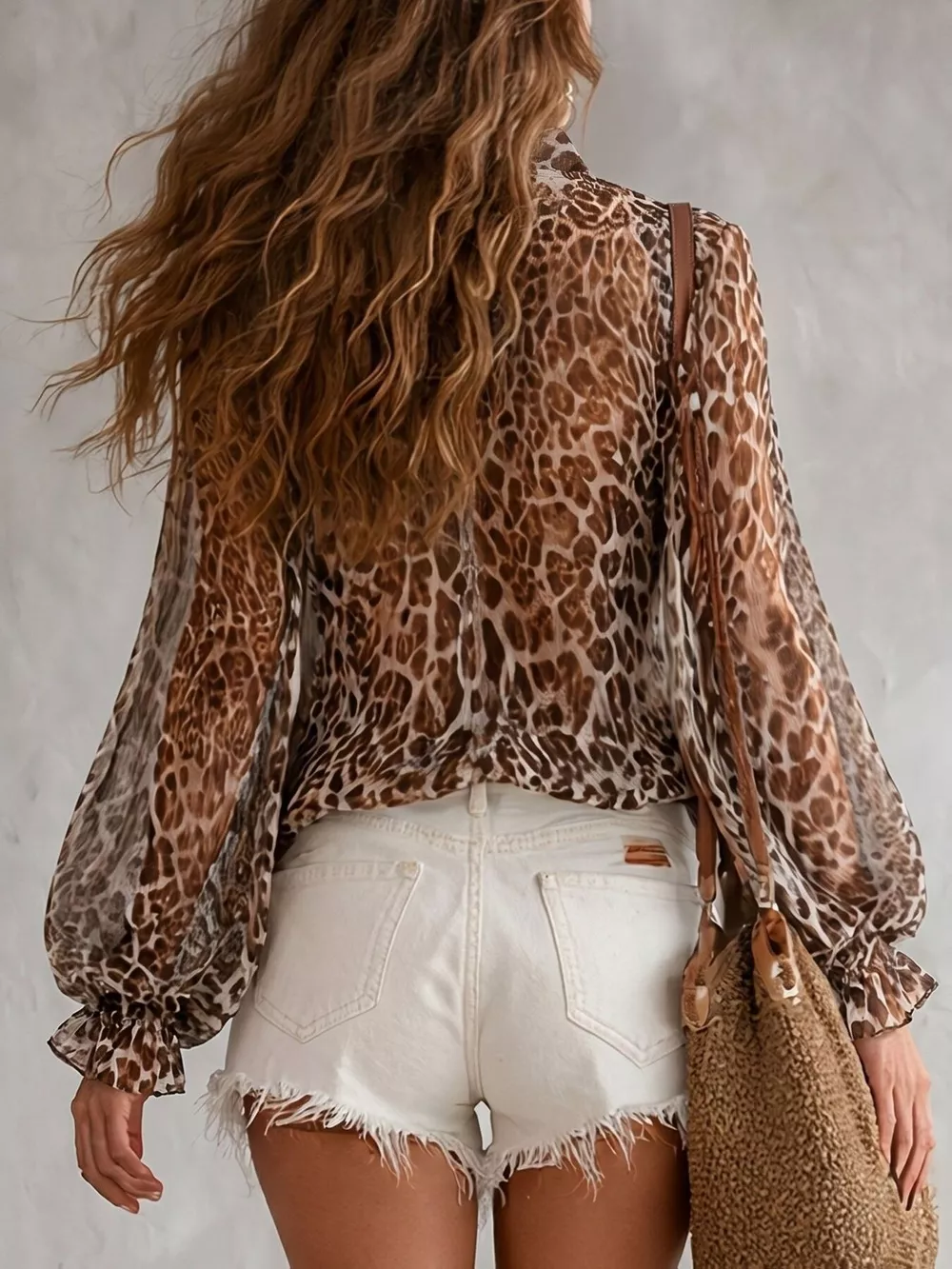 Leopard Print Chiffon Blouse with Tie-Neck and Long Sleeves, image 2