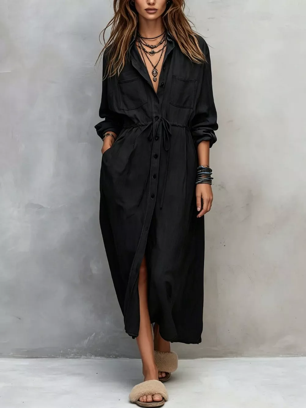 Full Size Button Front Long Sleeve Shirt Dress Plus Size, image 11