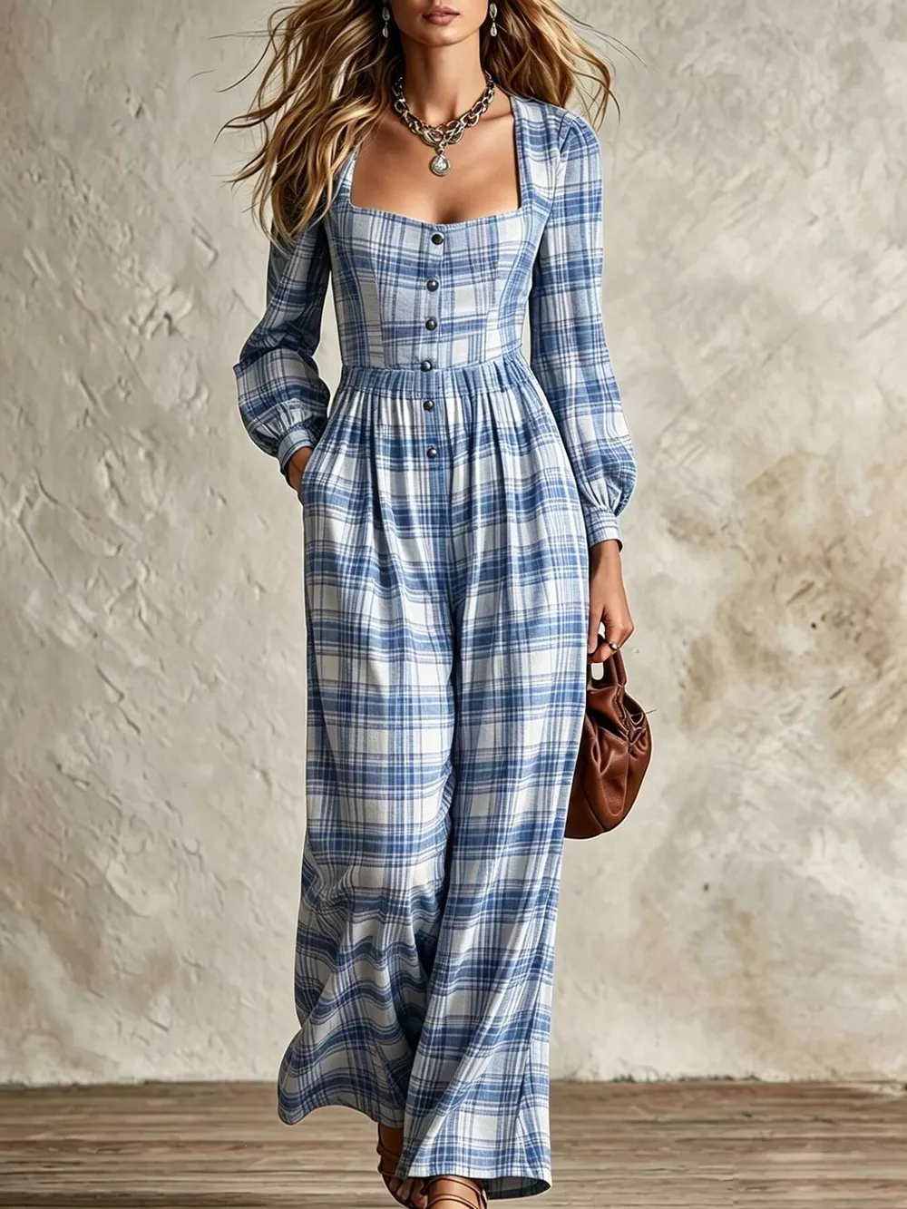 Plaid Square Neck Long Sleeve Wide Leg Jumpsuit, image 9