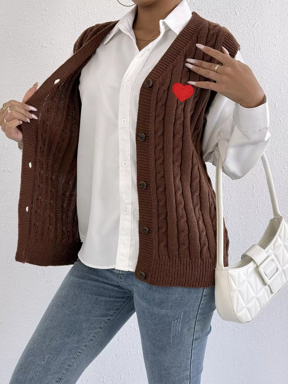 V-Neck Cable Knit Button-Down Sweater Vest with Heart Embroidery, image 9
