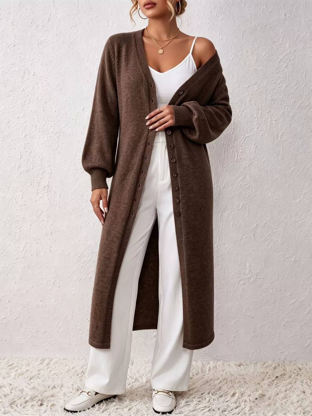 Elegant Longline Button-Front Cardigan with Lantern Sleeves, image 11