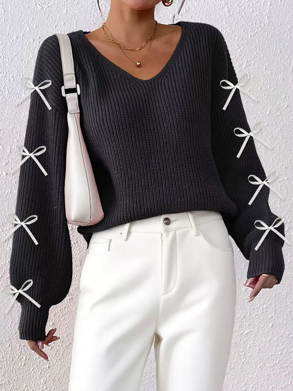 Bow-Tie Sleeve V-Neck Sweater, image 8