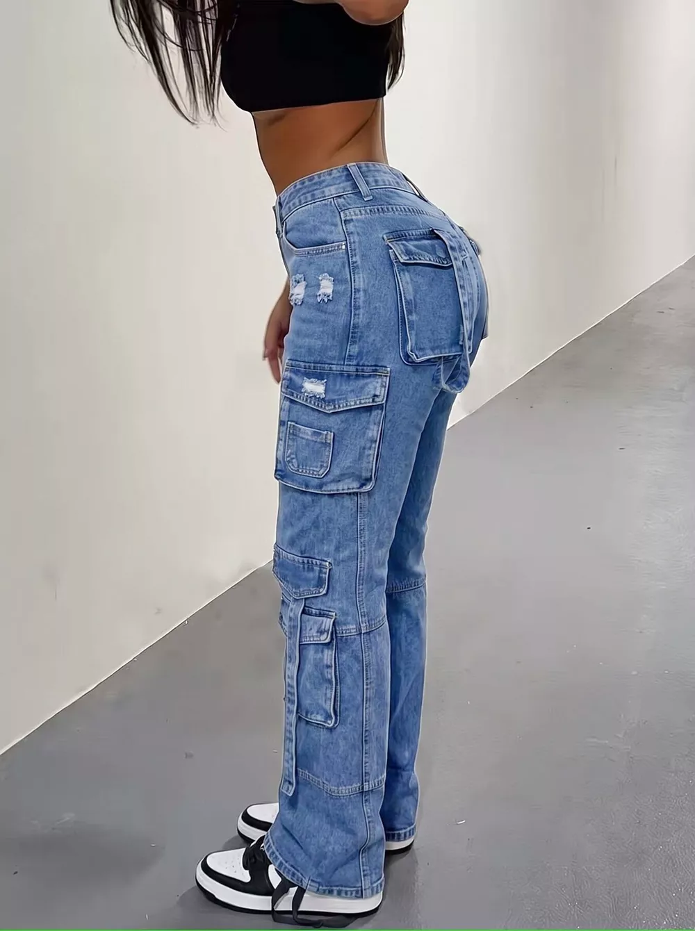 High-Waisted Distressed Cargo Jeans, image 2