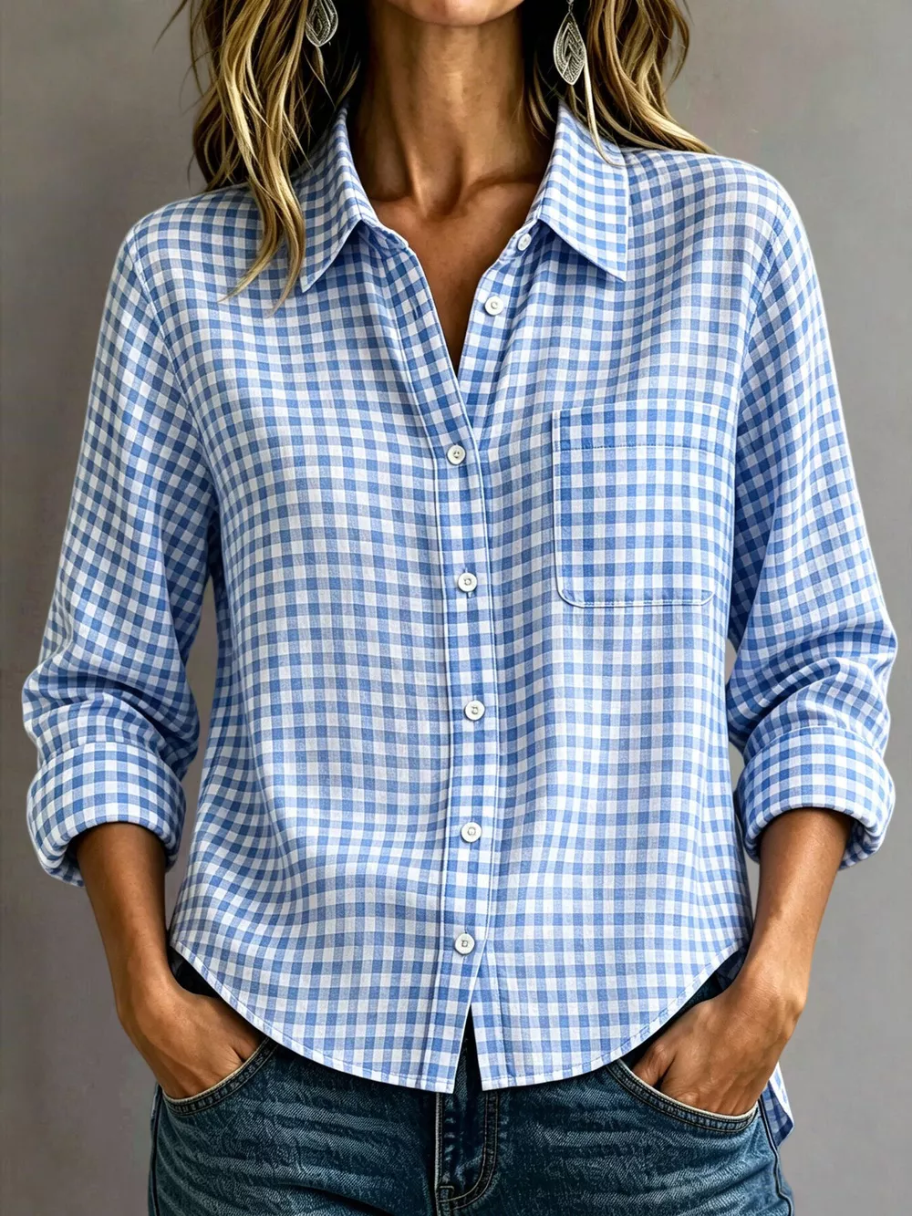 Gingham Button-Down Long Sleeve Shirt, image 2