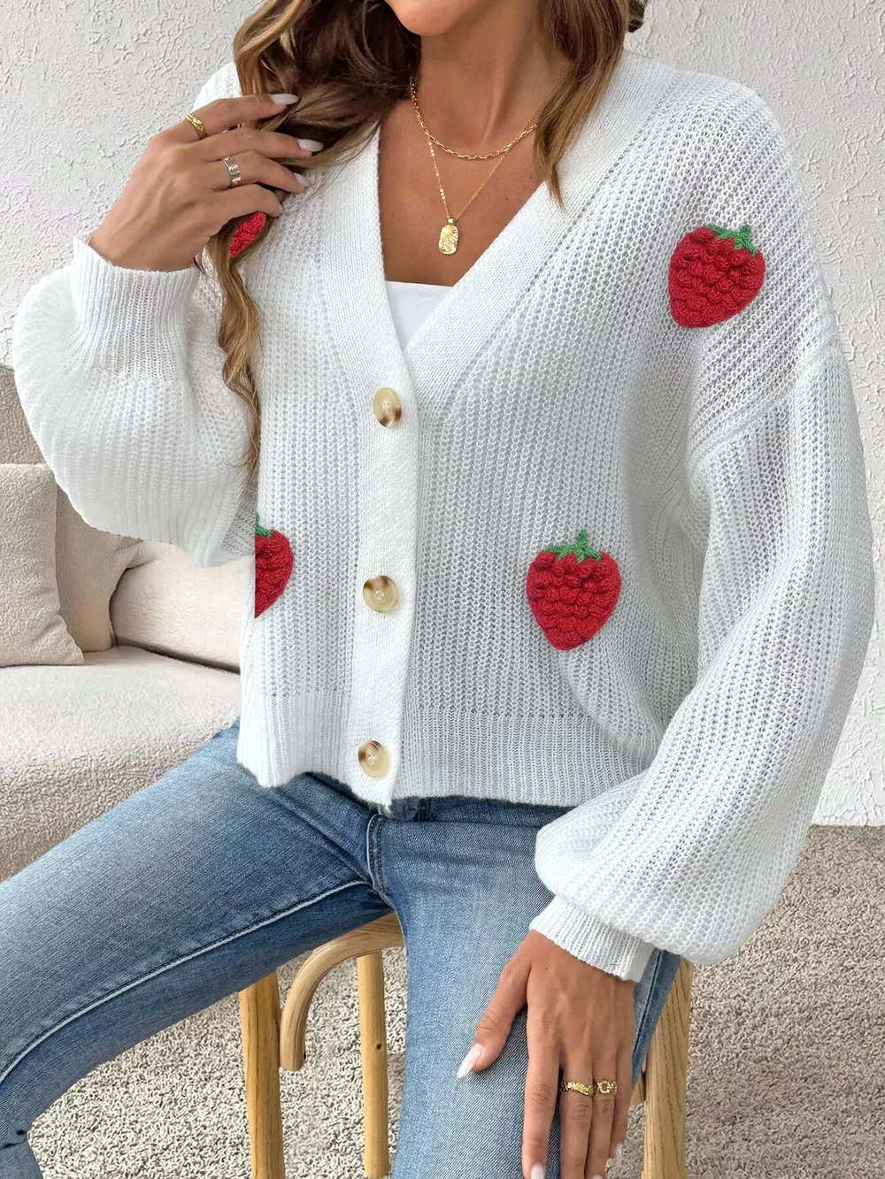 Strawberry Applique Button Up Cardigan, image 4