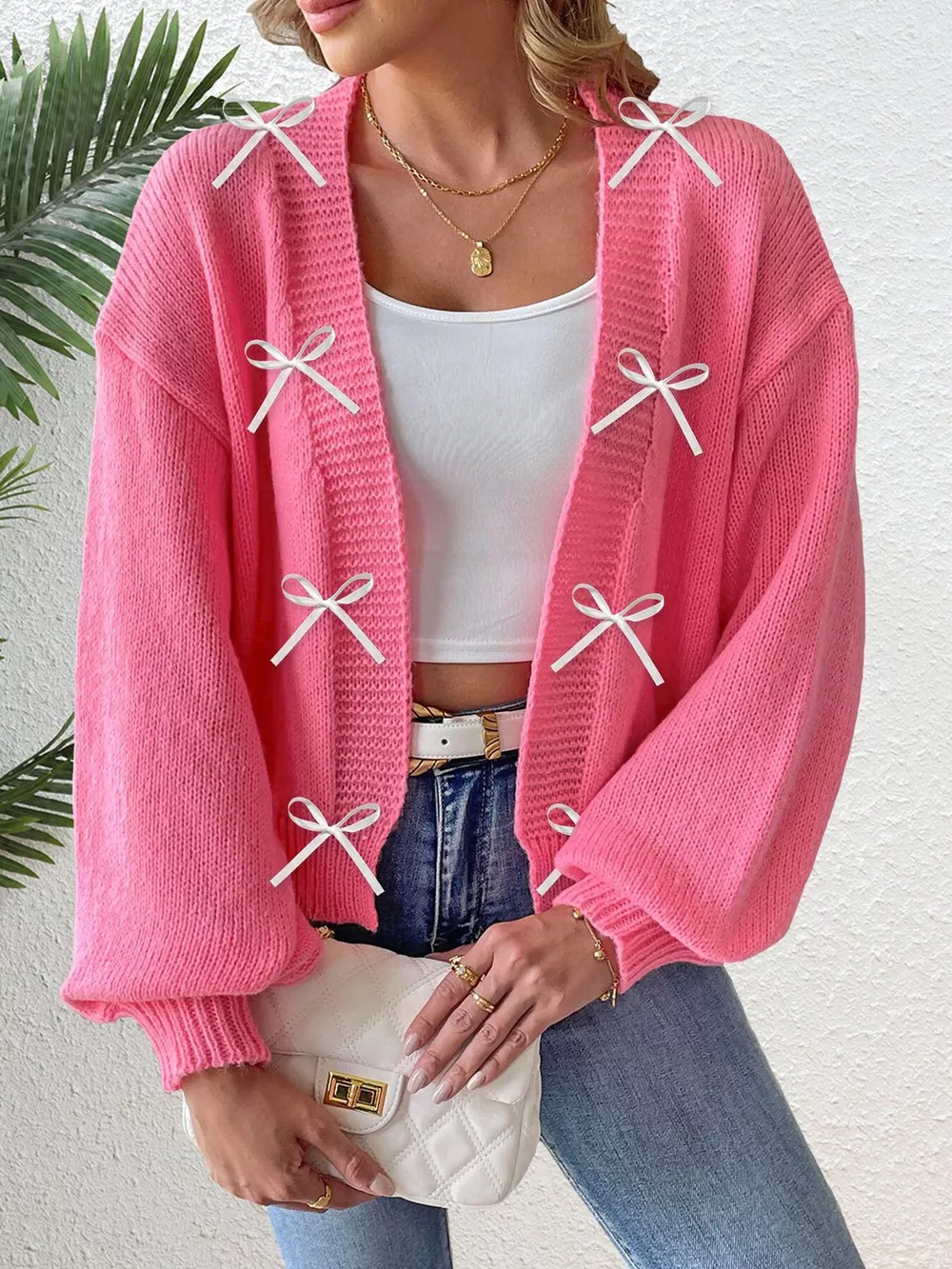 Bow-Tie Open Front Knit Cardigan, image 5