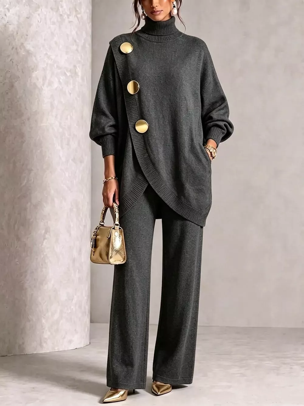 Full Size Elegant Turtleneck Asymmetric Button-Decorated Sweater and Pants Set Plus Size, image 8