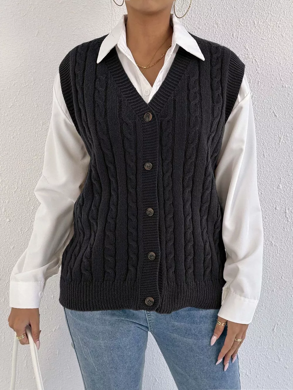 Cable-Knit Button-Up Sweater Vest, image 7