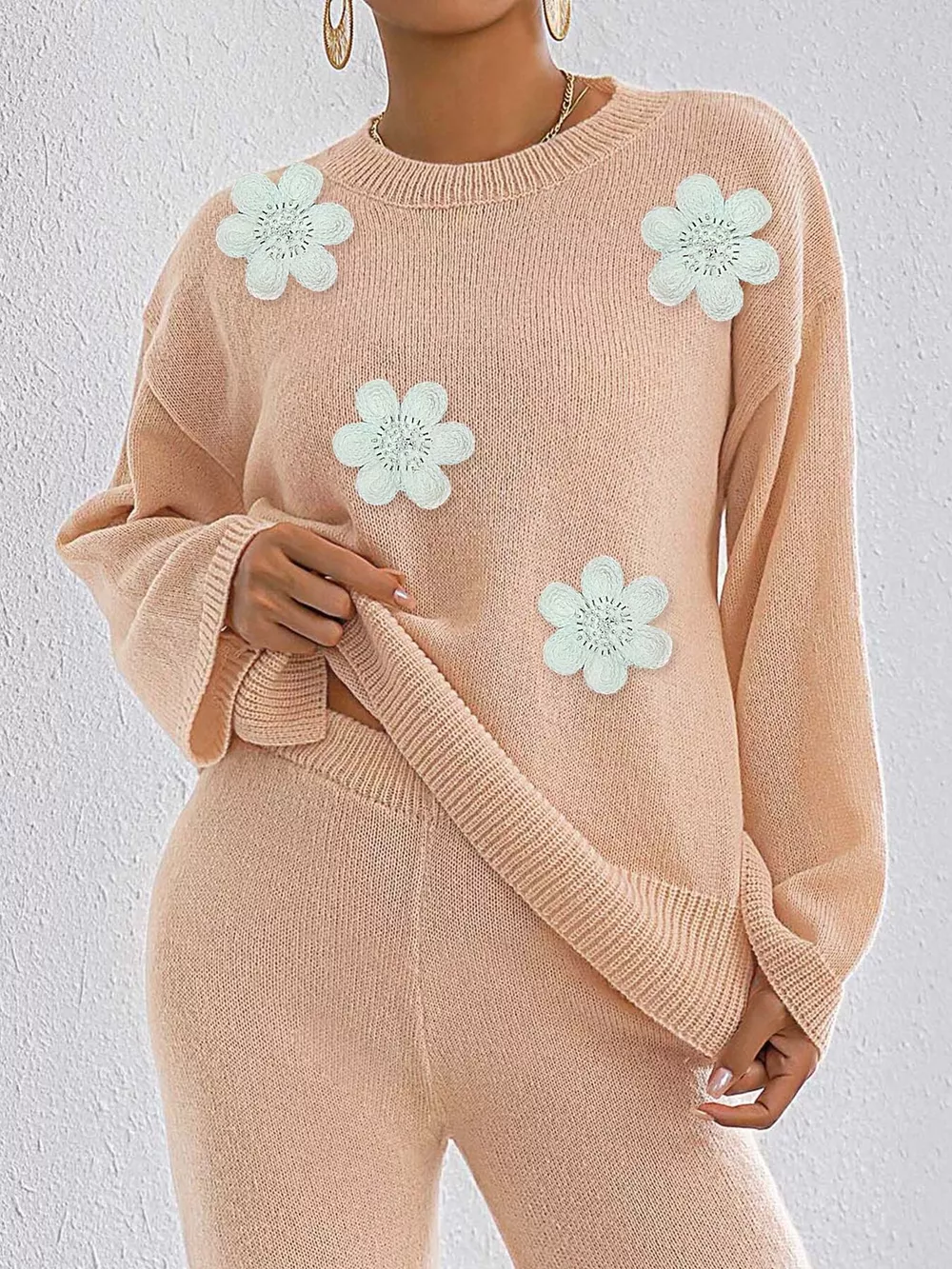 Floral Applique Crew Neck Sweater, image 8
