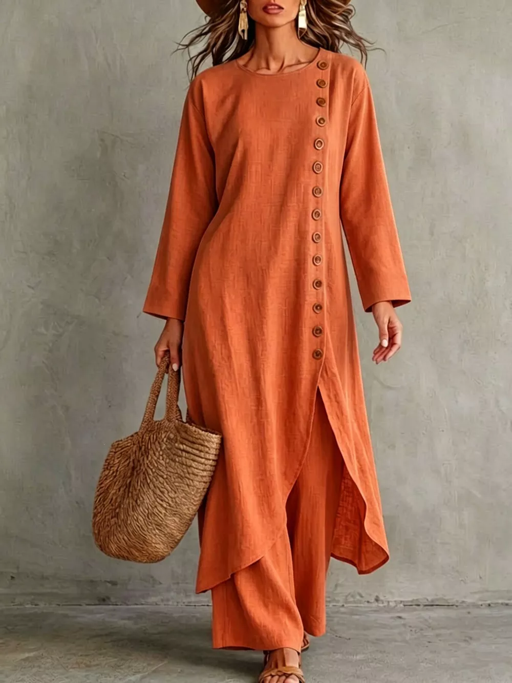Full Size Side-Buttoned Longline Top and Pants Set Plus Size, image 7
