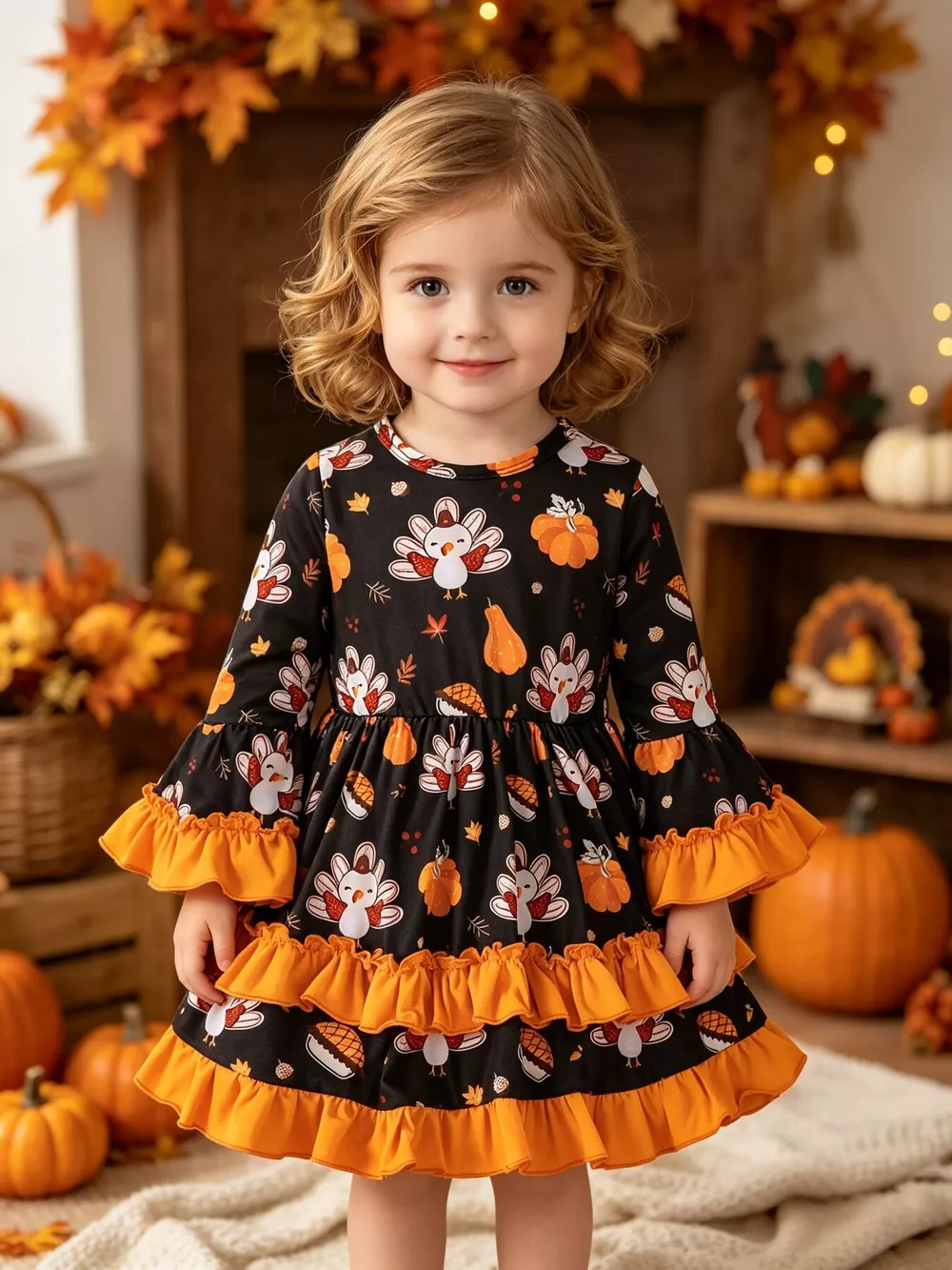 Children's Thanksgiving Turkey Print Ruffle Hem Long Sleeve Dress