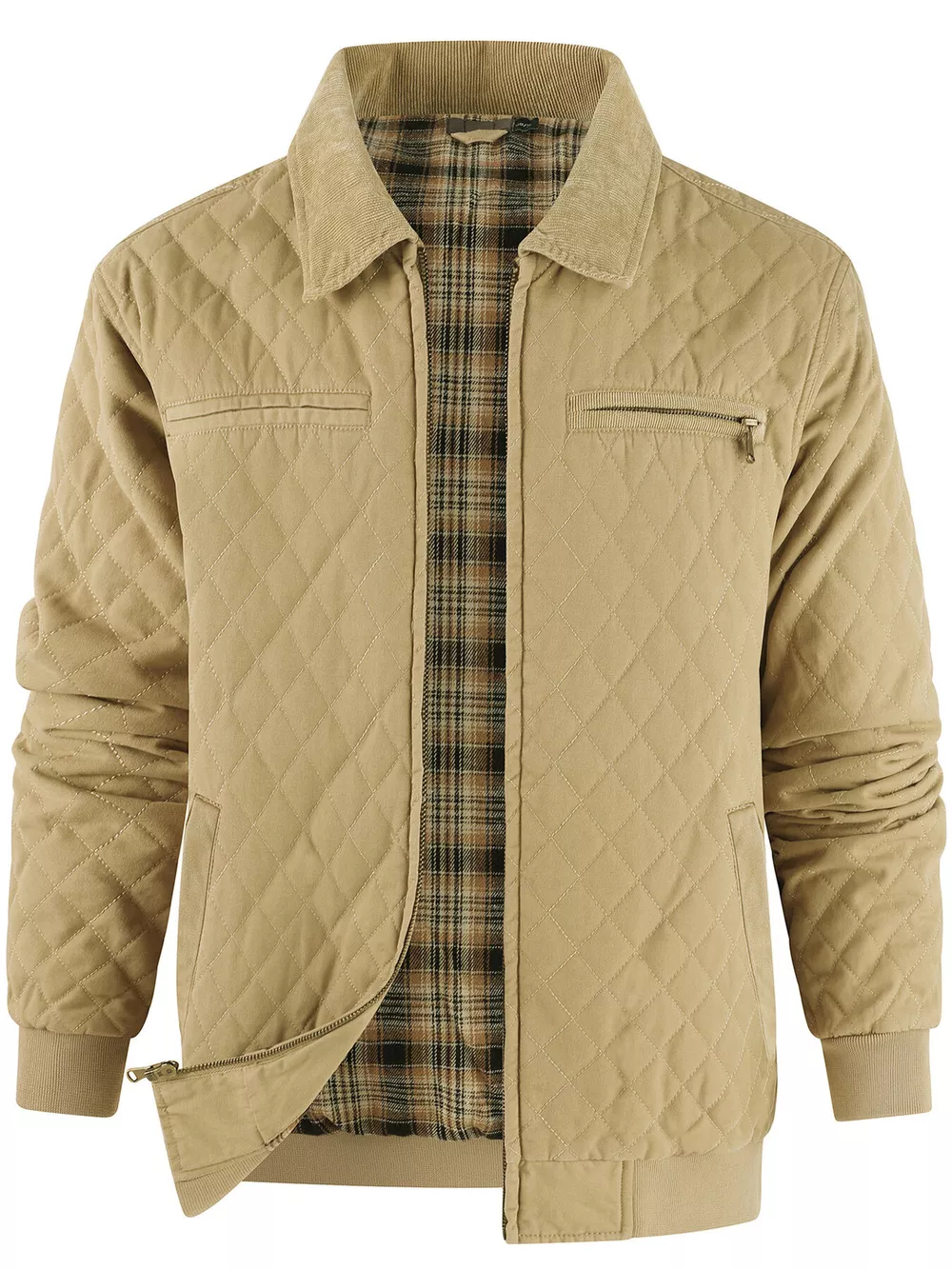 Men's Quilted Collared Neck Jacket with Plaid Lining, image 7