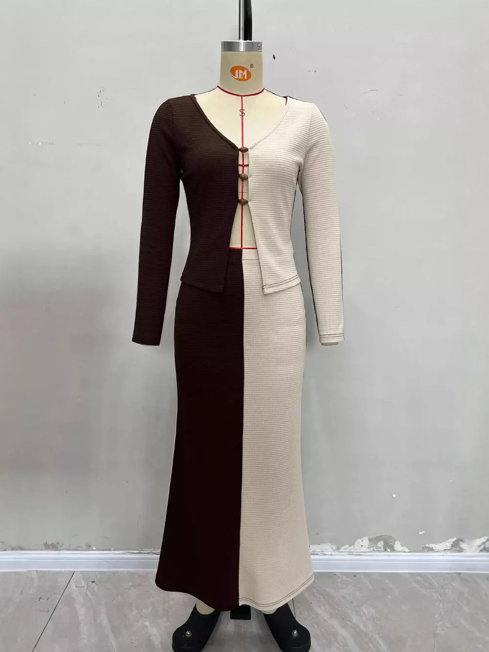 Two-Tone Long Sleeve Top and Maxi Skirt Set, image 5