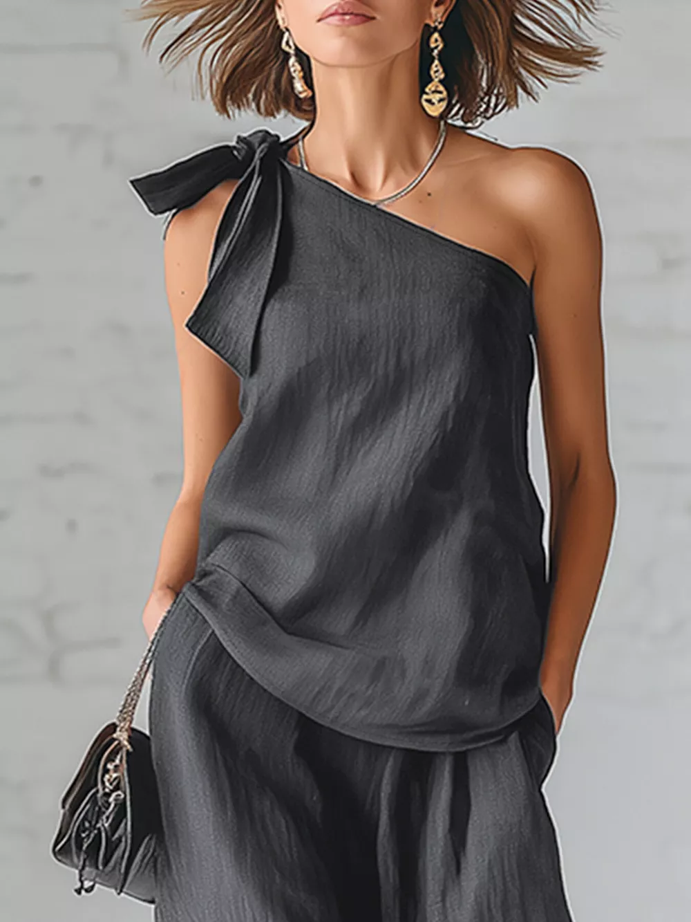 One-Shoulder Bow Tie Top and Wide-Leg Pants Casual Two-Piece Set, image 2