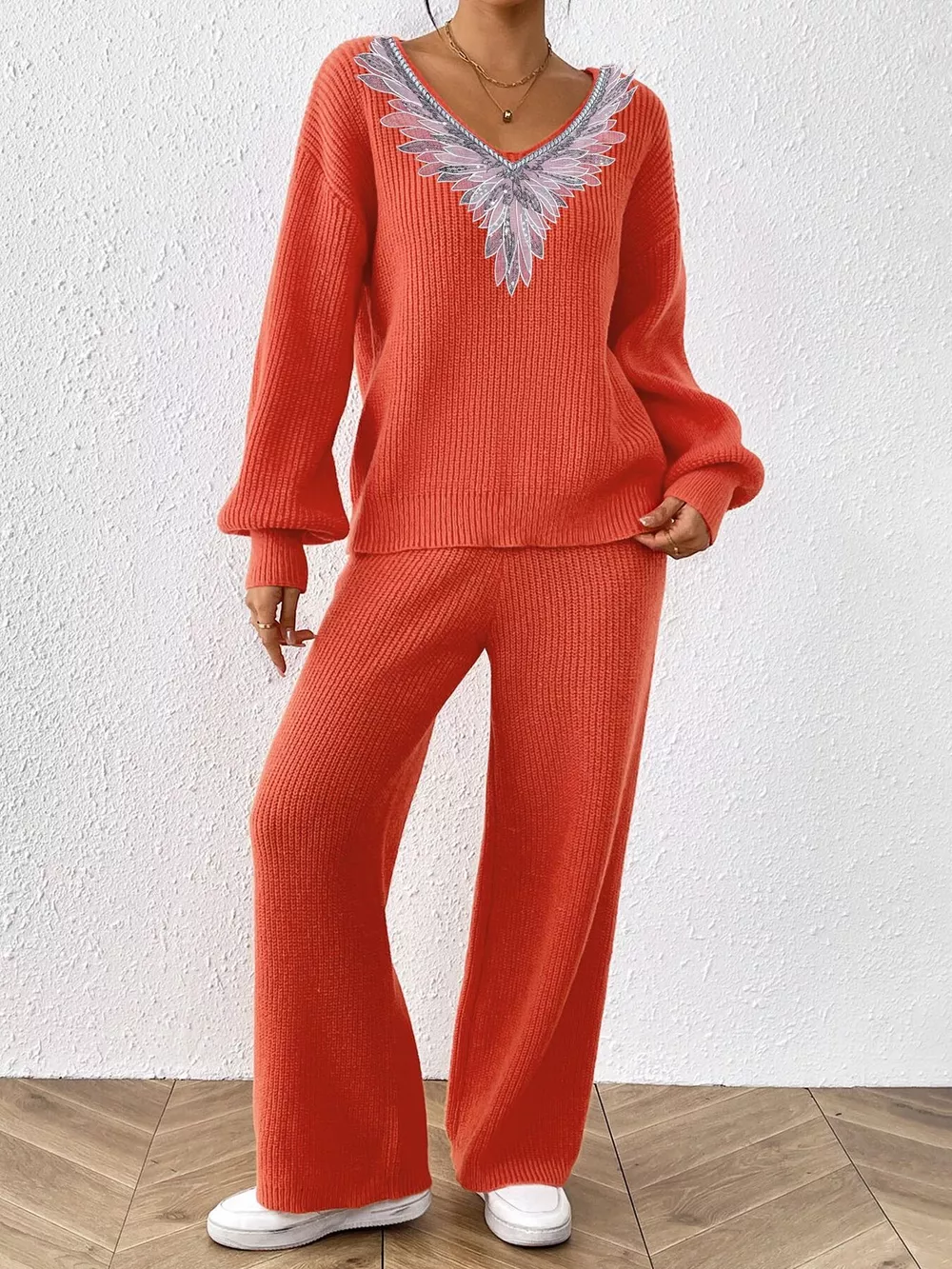 V-Neck Sweater and Pants Sweater Set, image 13