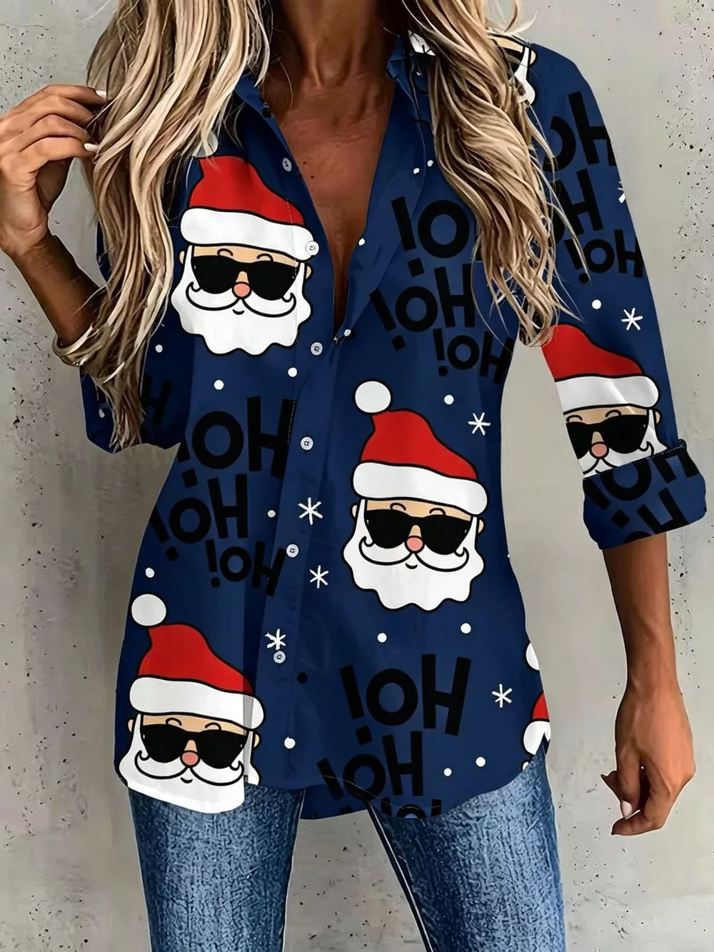 Full Size Christmas Santa Claus Print Button-Down Shirt Plus Size, image 11