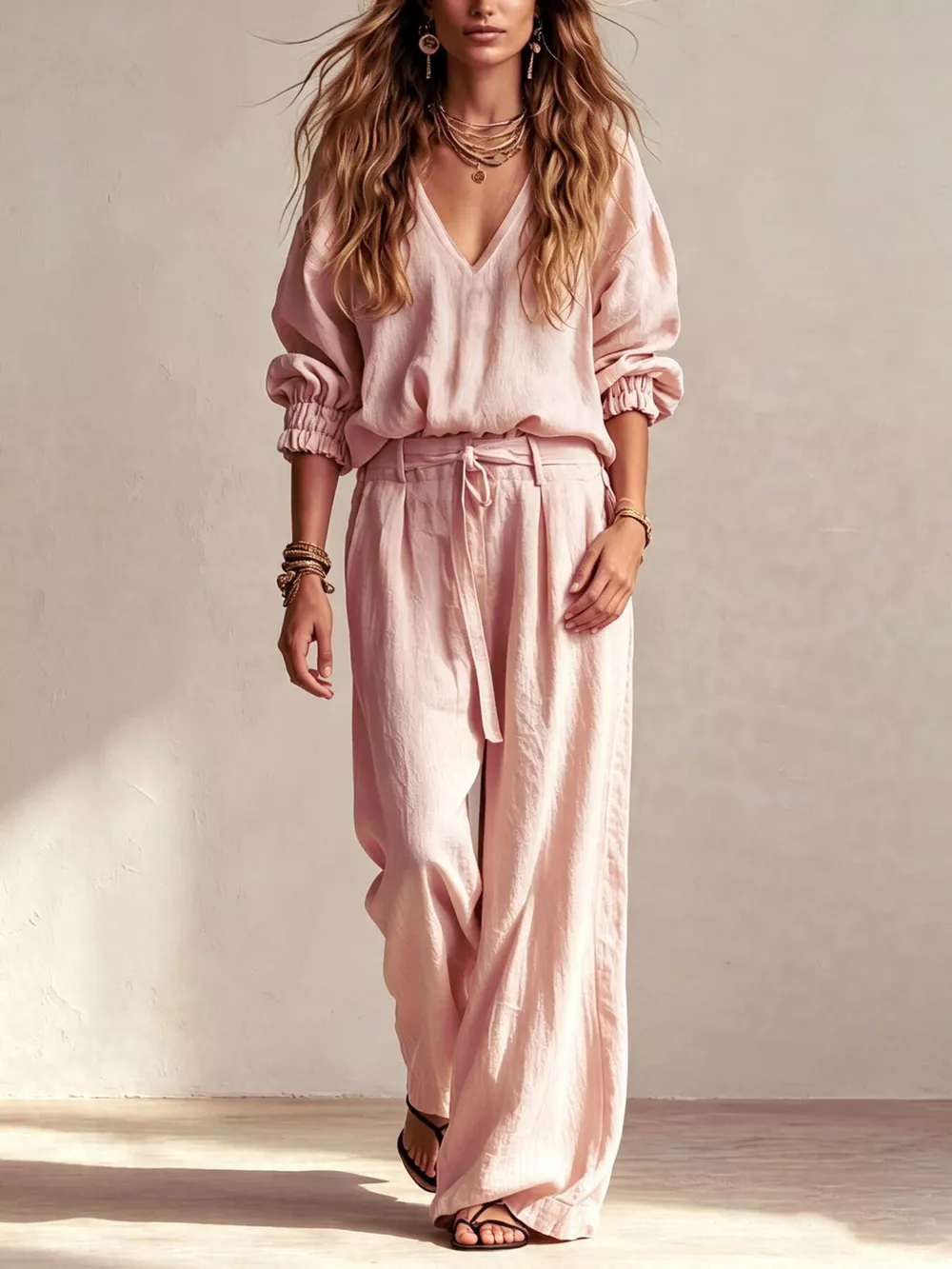 V-Neck Top and Wide-Leg Pants Set
