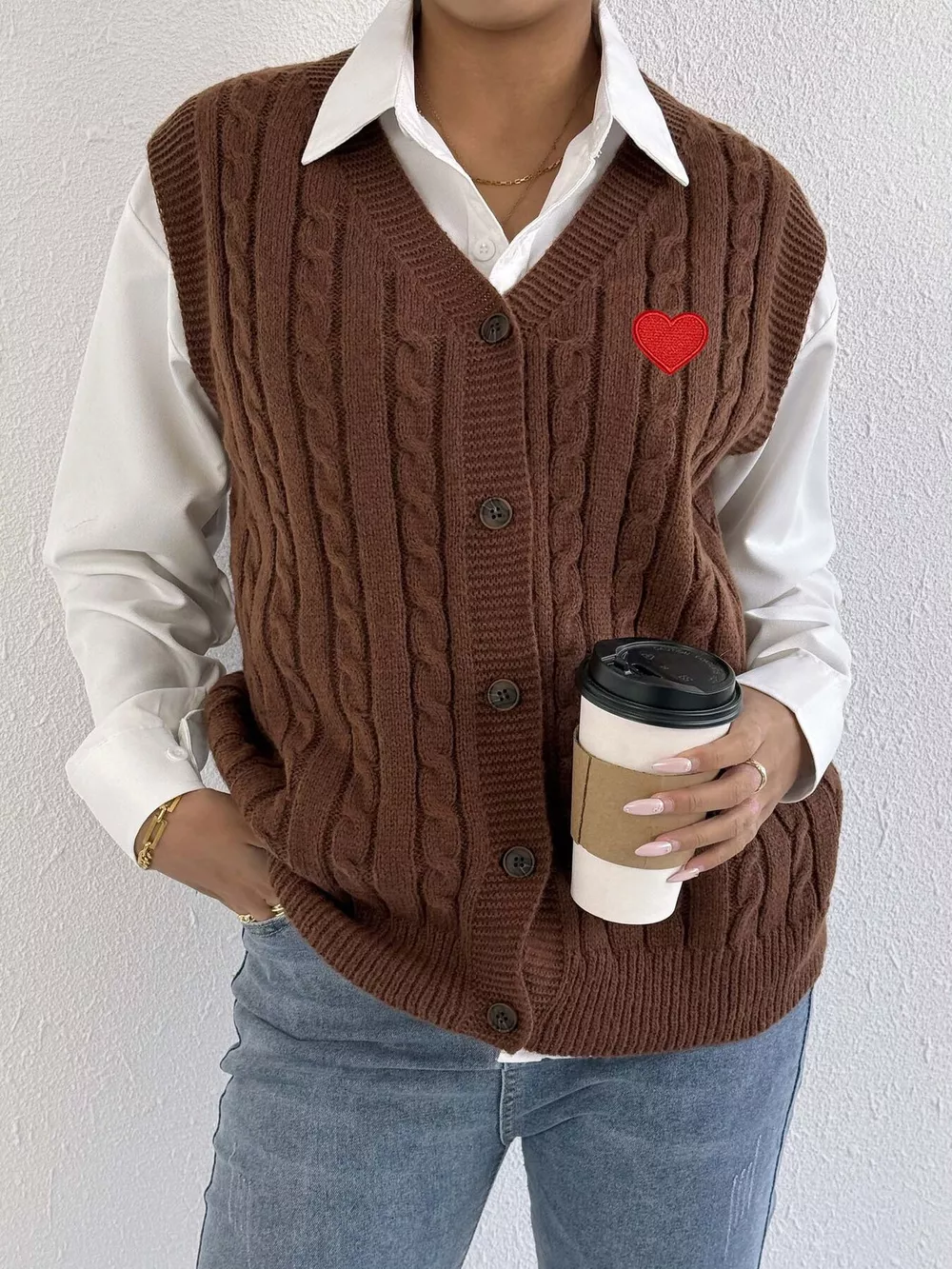 V-Neck Cable Knit Button-Down Sweater Vest with Heart Embroidery, image 6