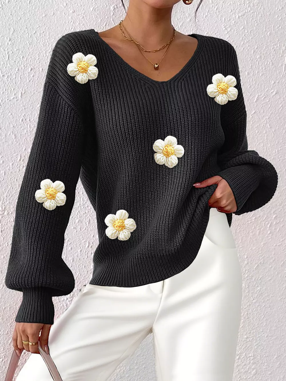 Floral Applique V-Neck Sweater