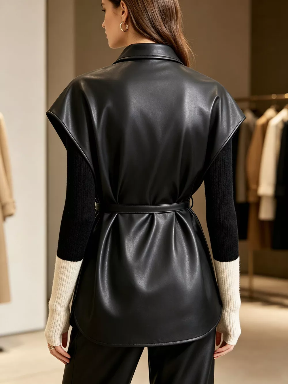 Sleek Faux Leather Belted Vest Coat, image 3