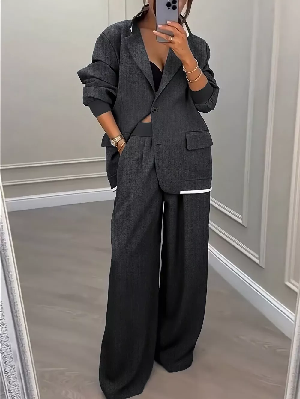 Lapel Collar Blazer and Wide-Leg Pants Two-Piece Set