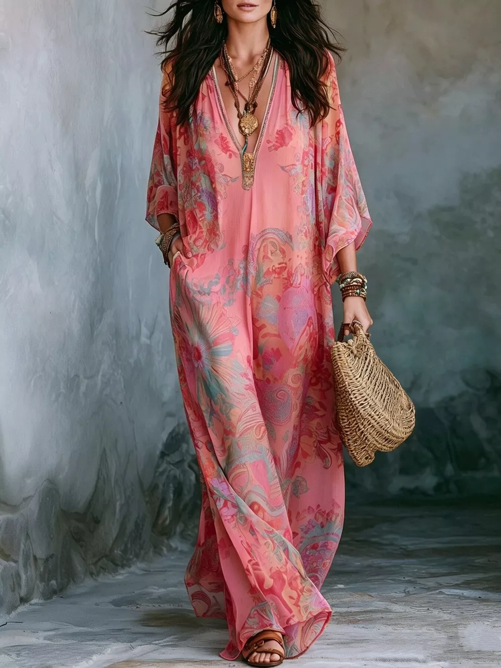 Full Size Floral Print V-Neck Maxi Dress Plus Size, image 6