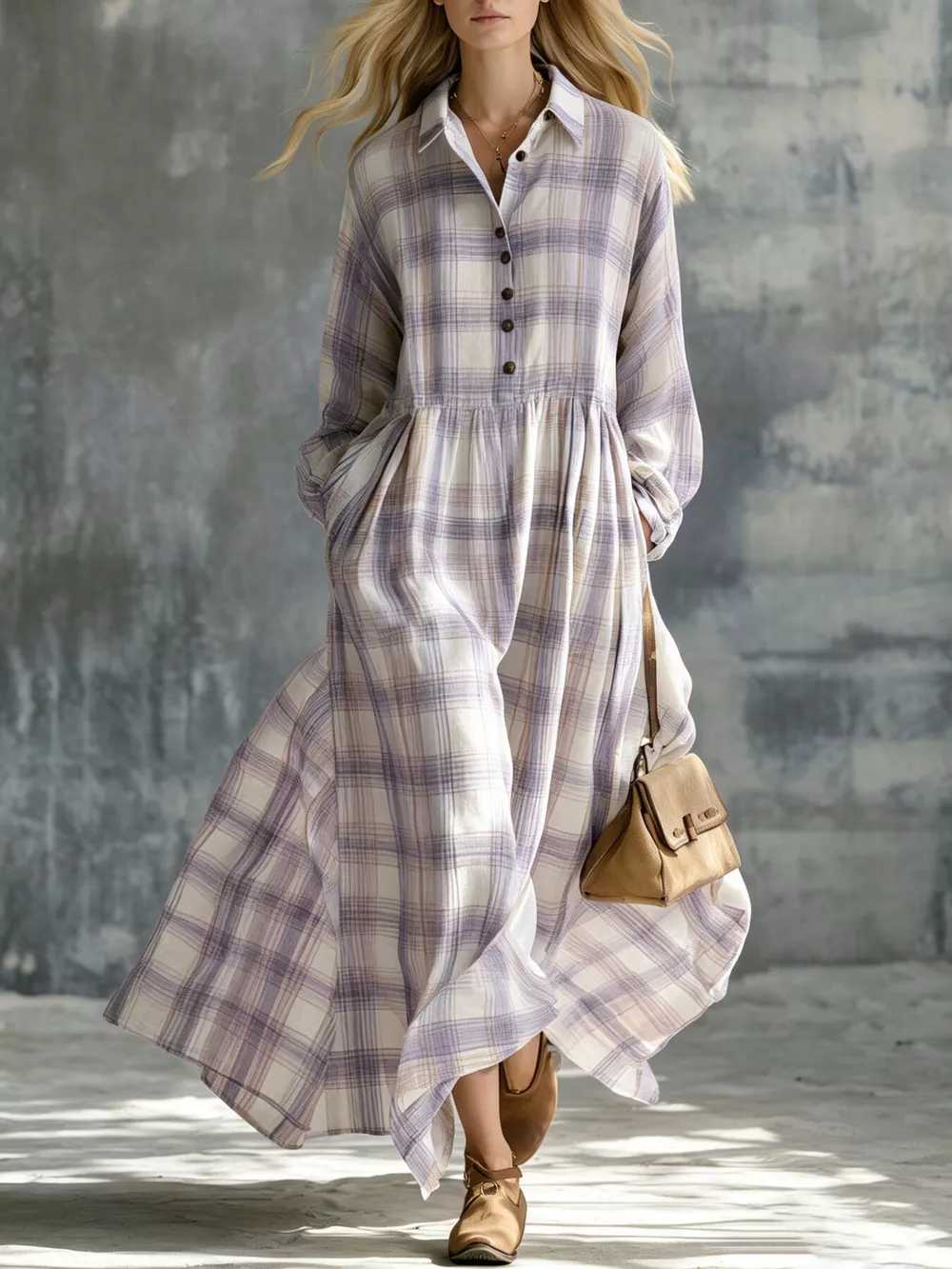 Plaid Button-Down Maxi Shirt Dress, image 5