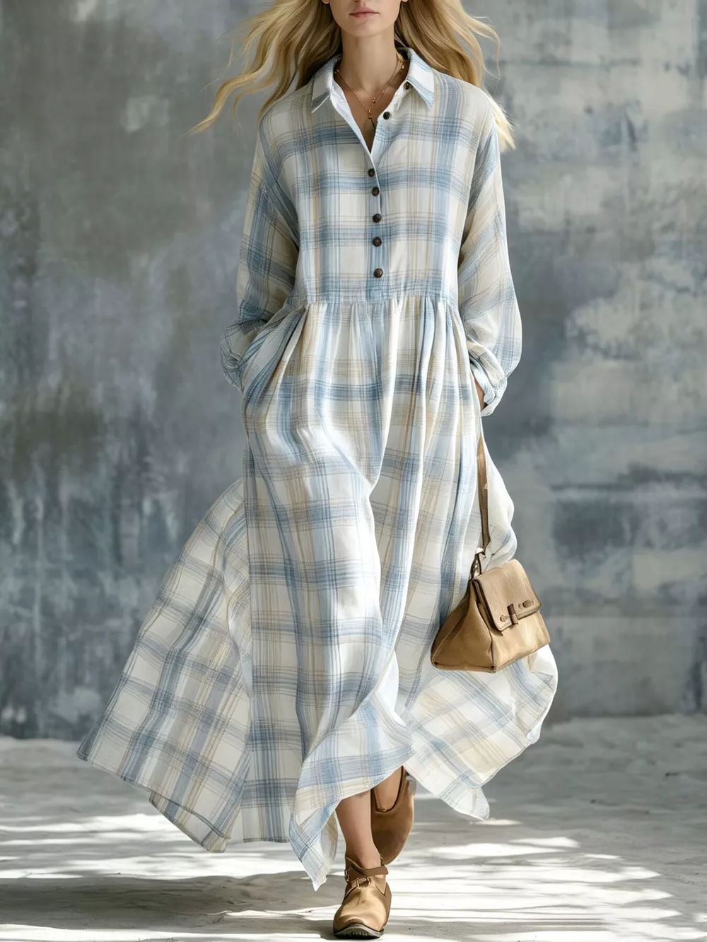 Plaid Button-Down Maxi Shirt Dress, image 13