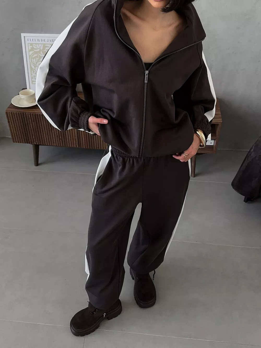 Contrast Side Stripe Zip Up Top and Pants Set