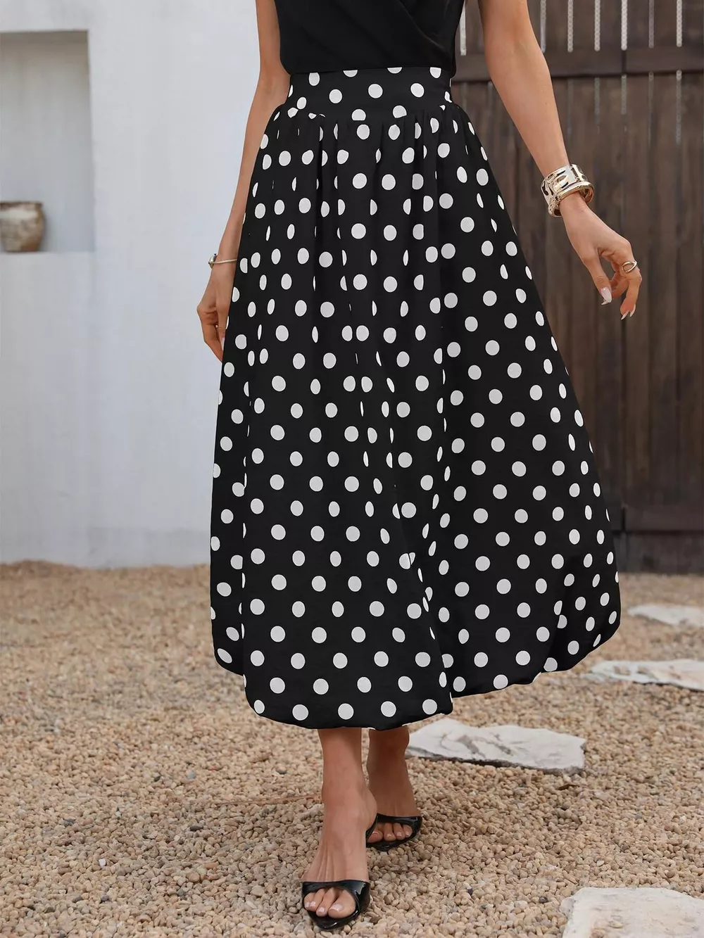 High-Waisted Polka Dot A-Line Midi Skirt, image 5