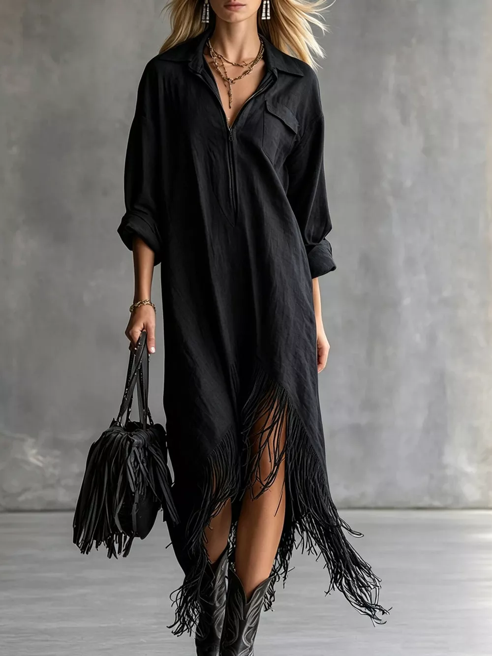 Fringe Hem Zip-Up Shirt Dress, image 7
