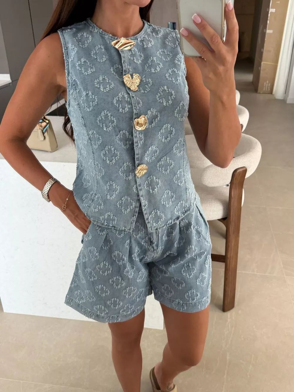 Embossed Vest and Shorts Denim Set with Gold-Tone Buttons, image 5