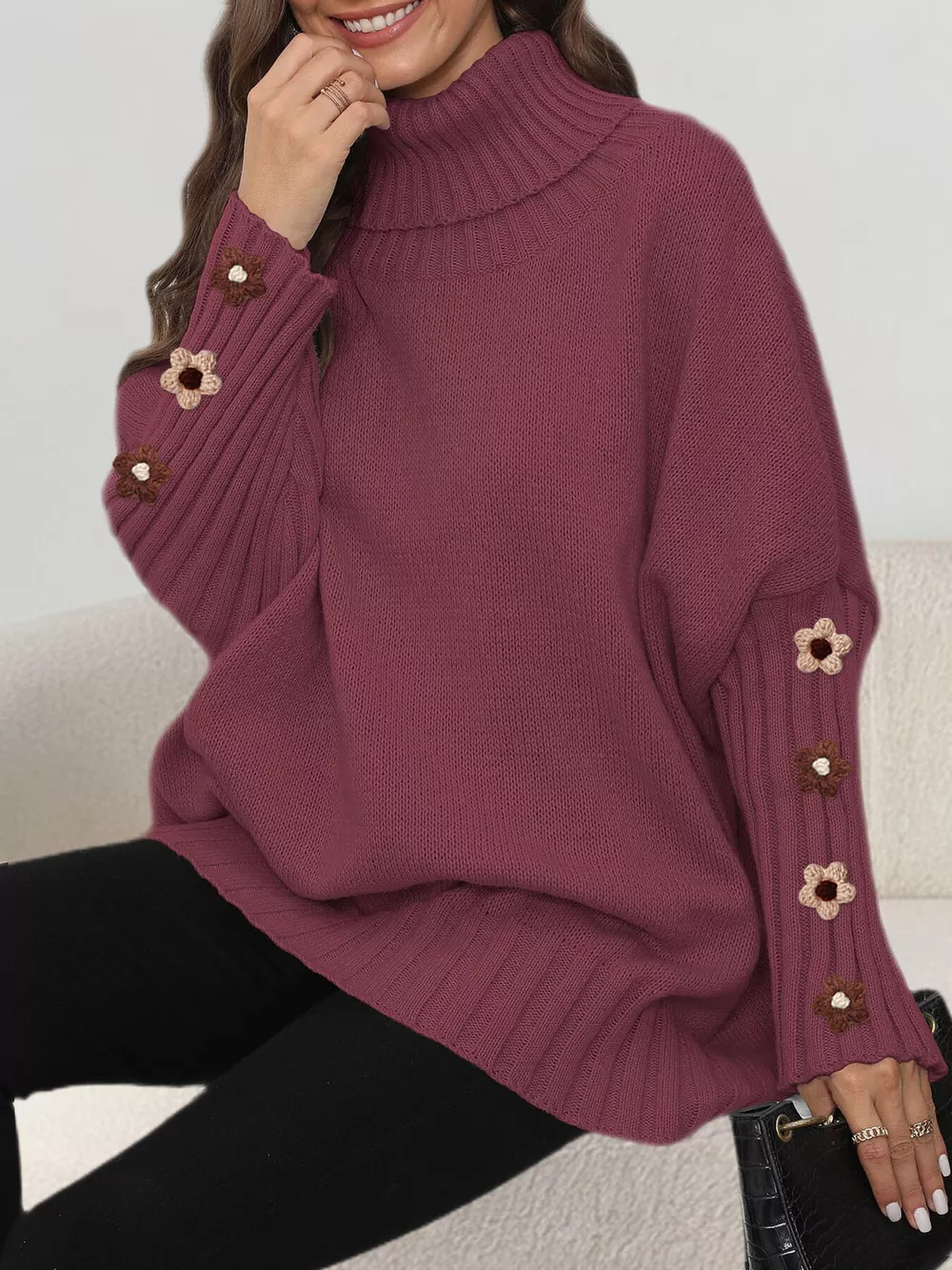 Oversized Turtleneck Sweater with Floral Applique Sleeves, image 16