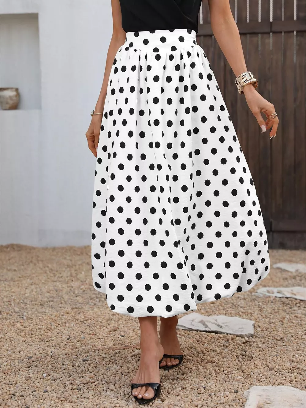 High-Waisted Polka Dot A-Line Midi Skirt, image 3