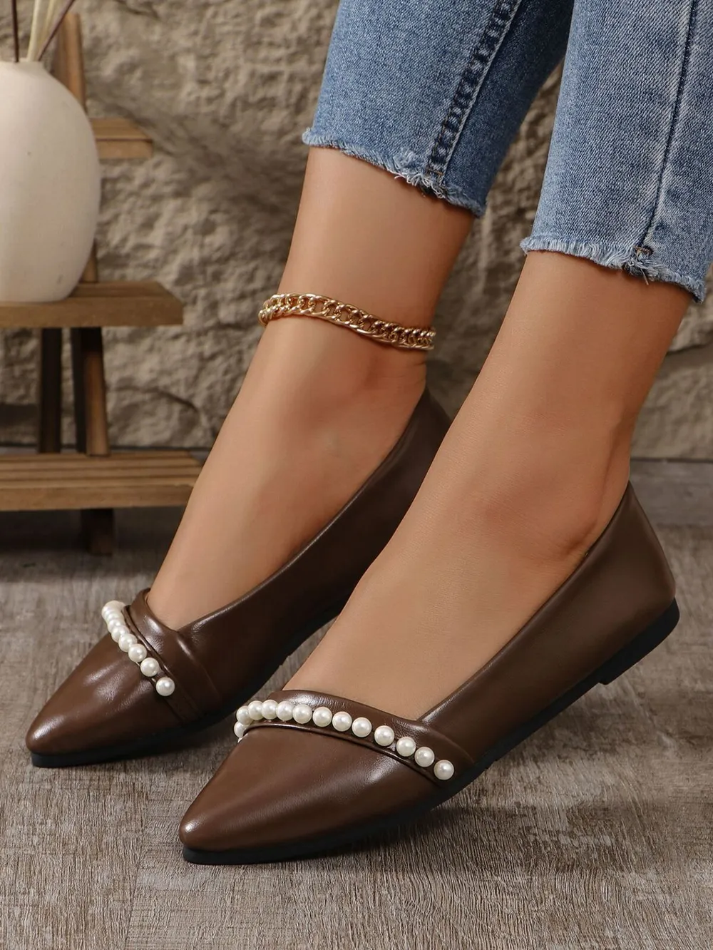 Pearl Embellished Pointed Toe Loafers, image 6