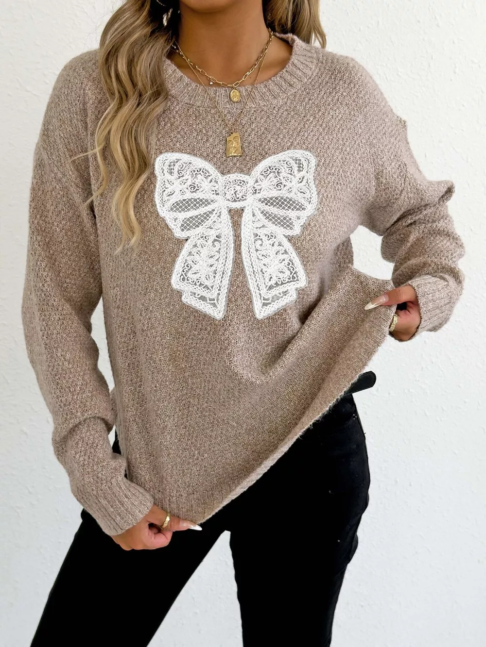 Lace Bow Embroidered Round Neck Sweater, image 3